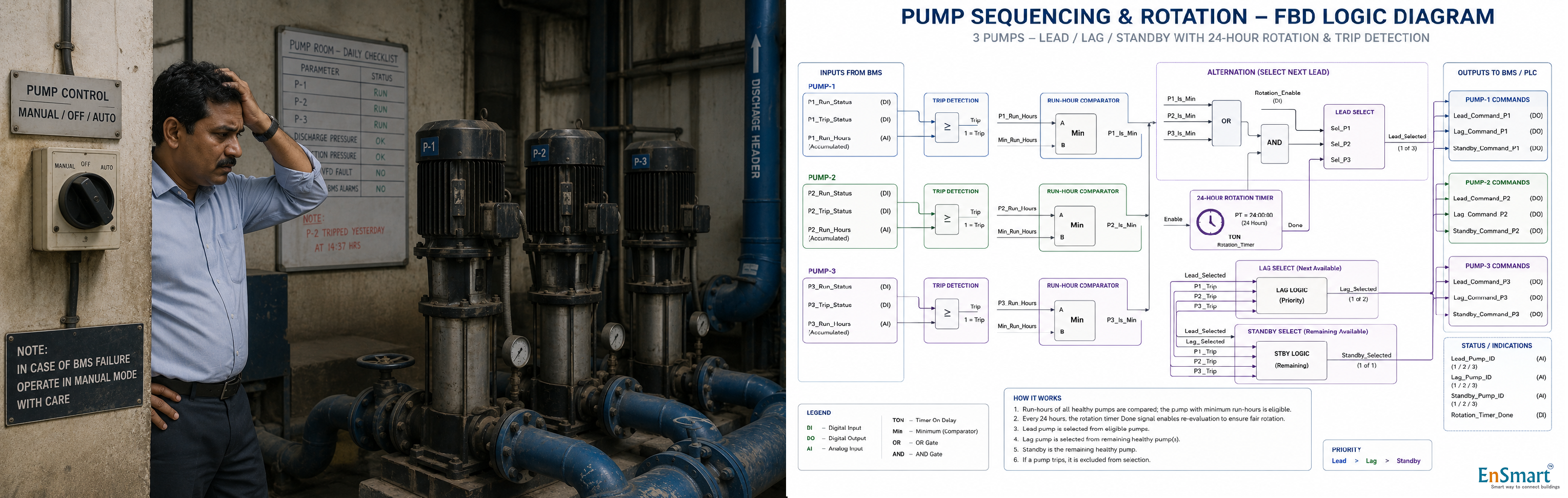Pump House Automation — Lead, Lag, Standby in BMS — infographic